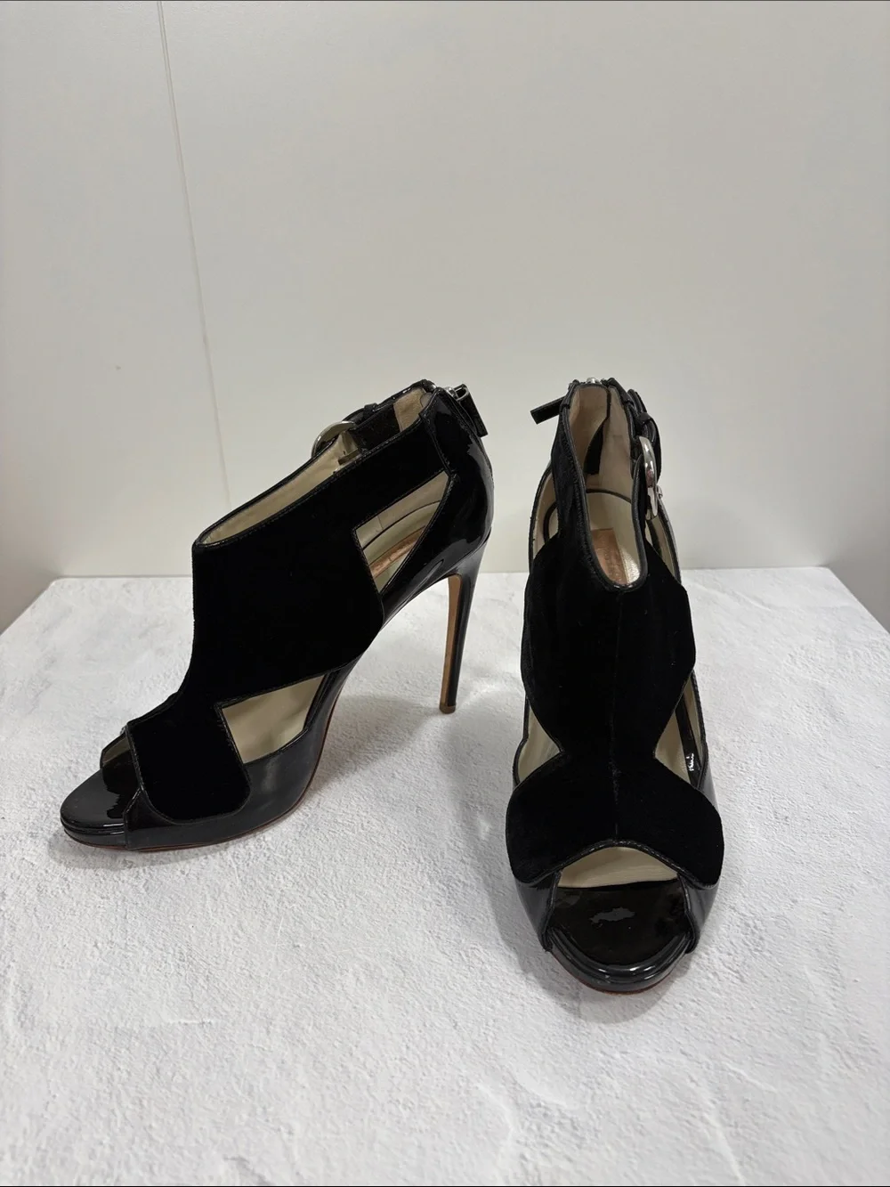Black Velvet & Patent Leather Cutout High Heel Sandals 10.5